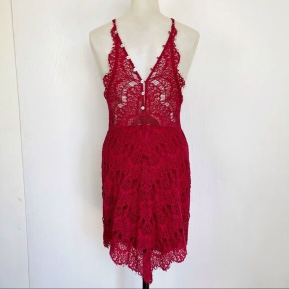 Free People She's Got it Red Slip Lace Dress XS - Picture 7 of 11